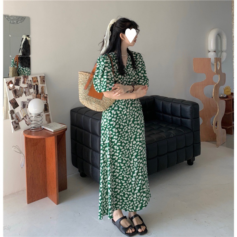 Picture of Vintage Elegant French Style Floral Long Dress plus size Chubby Girl Slimming Chic Green Puff Sleeve dress Summer