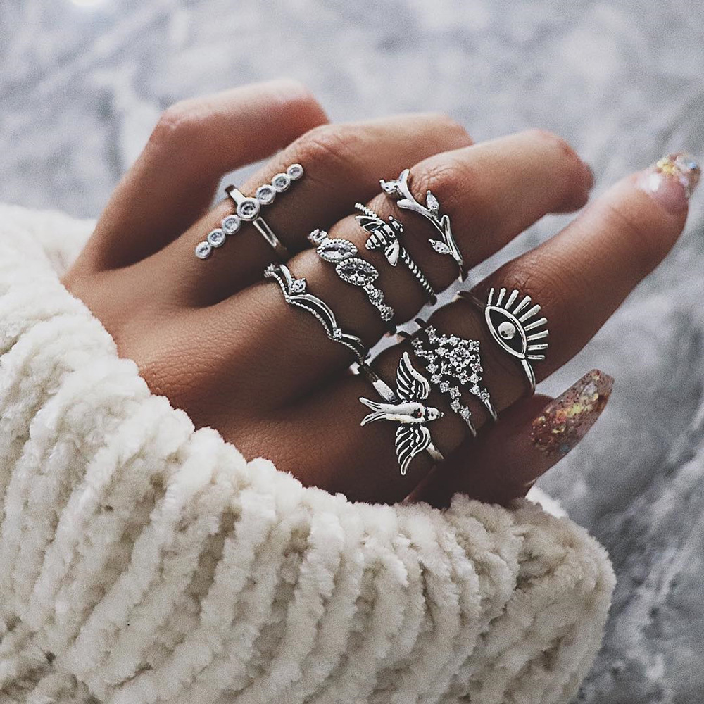 2023 Cross-border Bee Crown Diamond Branch Diamond Devil's Eye Ring Nine-piece Joint Ring Wholesale Women