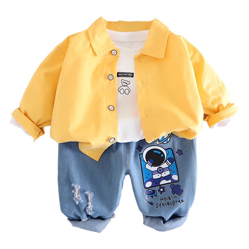 Boys' Coat Spring and Autumn Long Sleeve Children's Cartoon Cardigan 2023 New Style Boy Baby's Sweater Three-Piece Set