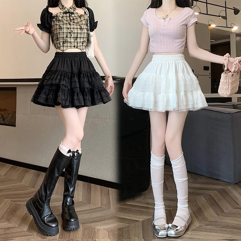 Lace Cake A- Line Skirt Summer 2024 New Style Ballet Style High Waist White Mesh Puff Skirt Women's Trendy