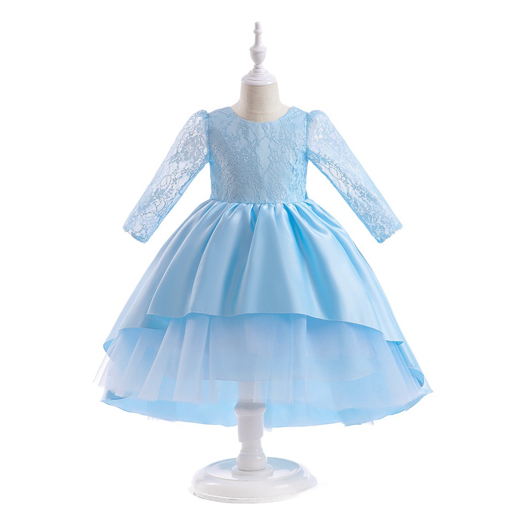 Cross-Border New Product Lace Tail Skirt Girls Dress Long-Sleeved Mesh Children's Day Performance Host Princess Skirt