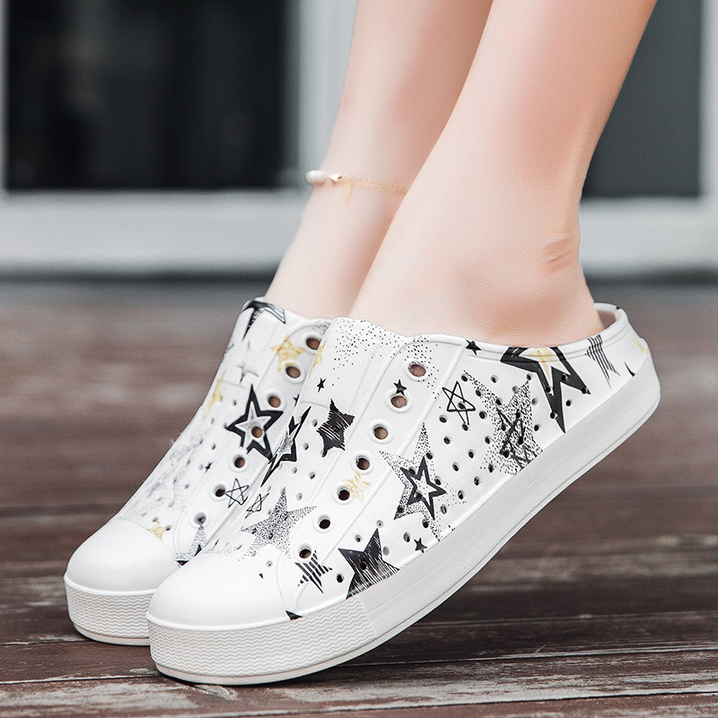 Summer Cave Shoes Men's Couple Printed Casual Beach Hollow Baotou Cool Half Slippers Soft Bottom Breathable Non-slip Comfortable