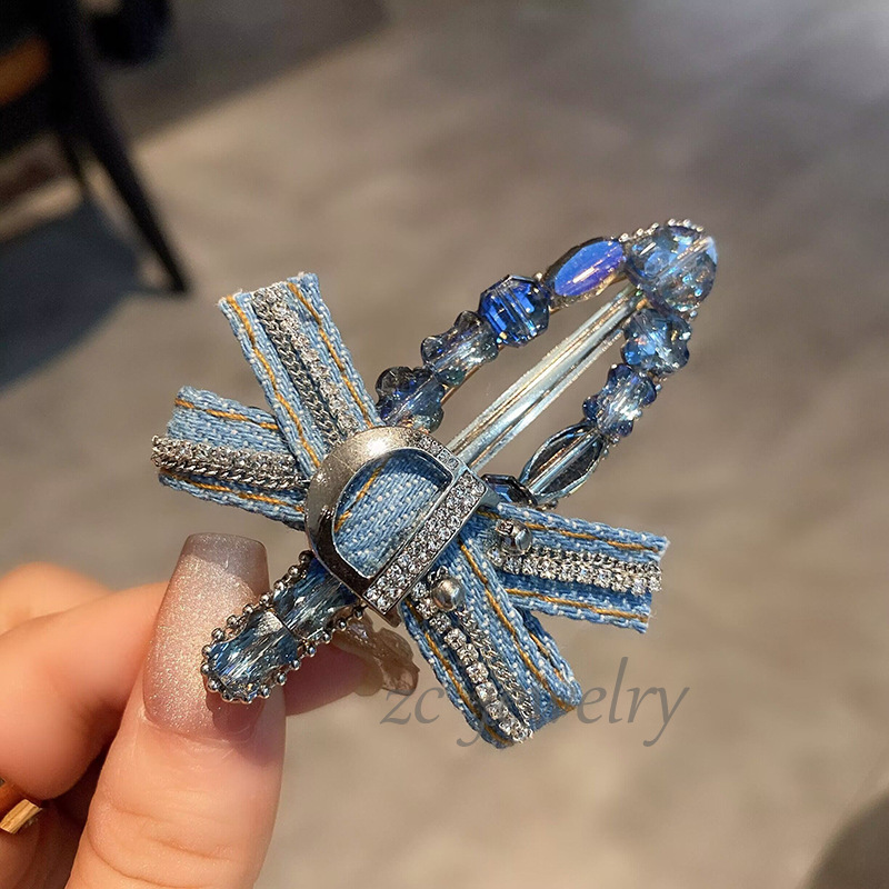 Korean Style Retro Denim Crystal Bow Side Clip Heavy Industry Full Diamond Bangs Clip Broken Hairpin Duckbill Clip Headwear