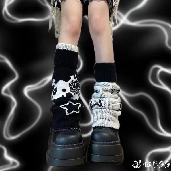 Asymmetric Skull Hosiery Y2K Wide Leg Hosiery Knitted Warm JK Girl Long Leg Hosiery Lolita Hosiery