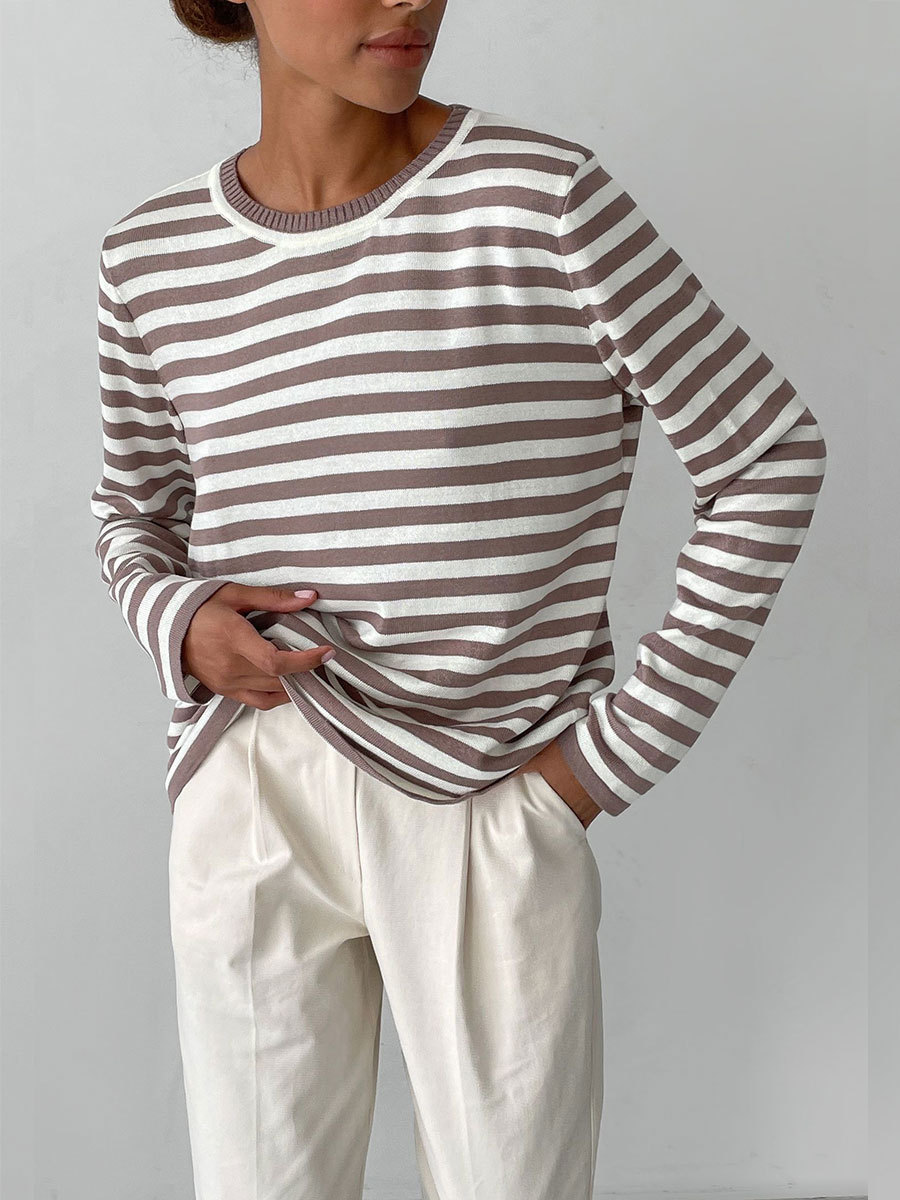 Picture of Cross-Border Round Neck Knitted Striped Sweater European and American 2025 Spring Versatile Classic Retro Striped Pullover Sweater for Women