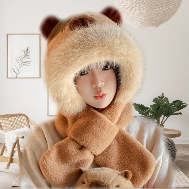 Picture of Loveable Capibala Hat Scarf Three-piece Set Women's Autumn and Winter Cartoon Plush Capybara Warm Windproof Scarf