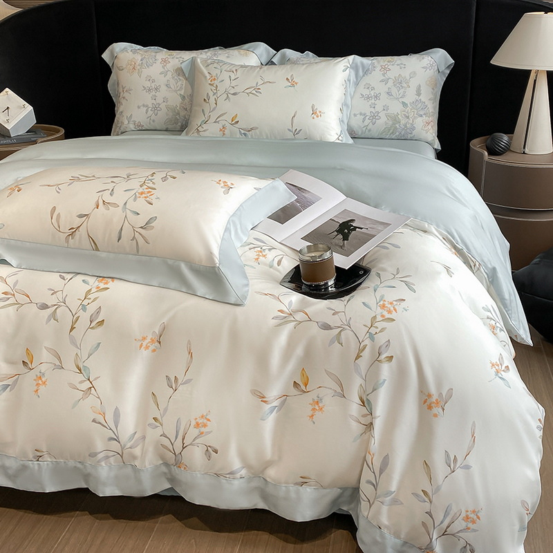 High-End Lyocell 100-Count Tencel Four-Piece Set for Sleeping Naked in Summer, Ice Silk Cool Bed Bed Sheets and Quilt Cover Three-Piece Set