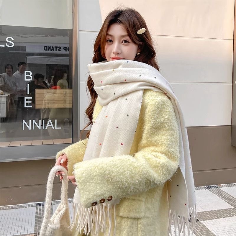 Stars' white scarf women's autumn and winter new wave dot tassel Korean shawl dual-purpose high-grade scarf wholesale