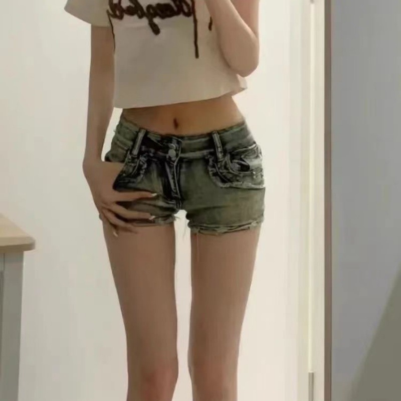 [Lightning Warehouse Hot Style] Hot Girl Fashion American Low-Waist Denim Shorts Tight-Fitting Hip-Covering Raw Edge Fragrant Hot Pants
