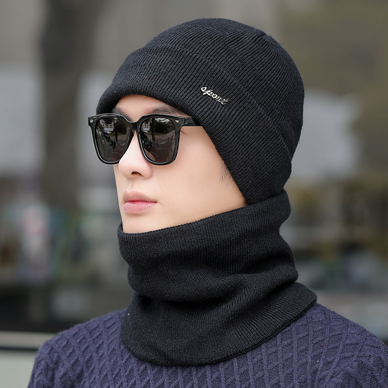Picture of Knitted hat scarf kit men's winter outdoor leisure velvet ear protection wool cap tide solid color warm pile cap