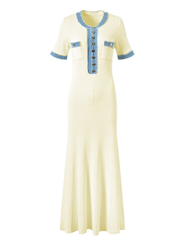 Foreign Trade European and American Robes Casual Knitted Dress Wholesale Women's Elegant V Neck Waist Denim Pit Strip Long Skirt
