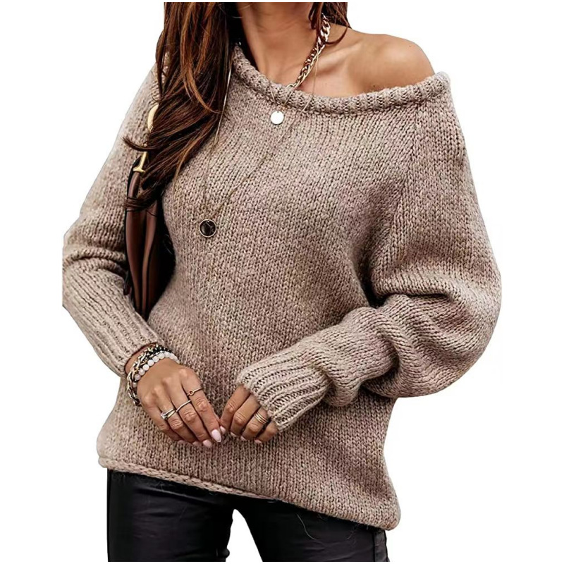 Picture of Cross-Border Amazon Autumn and Winter Off-Shoulder Sexy Round Neck Pullover Sweater Solid Color Casual Loose Large Size Sweater for Women