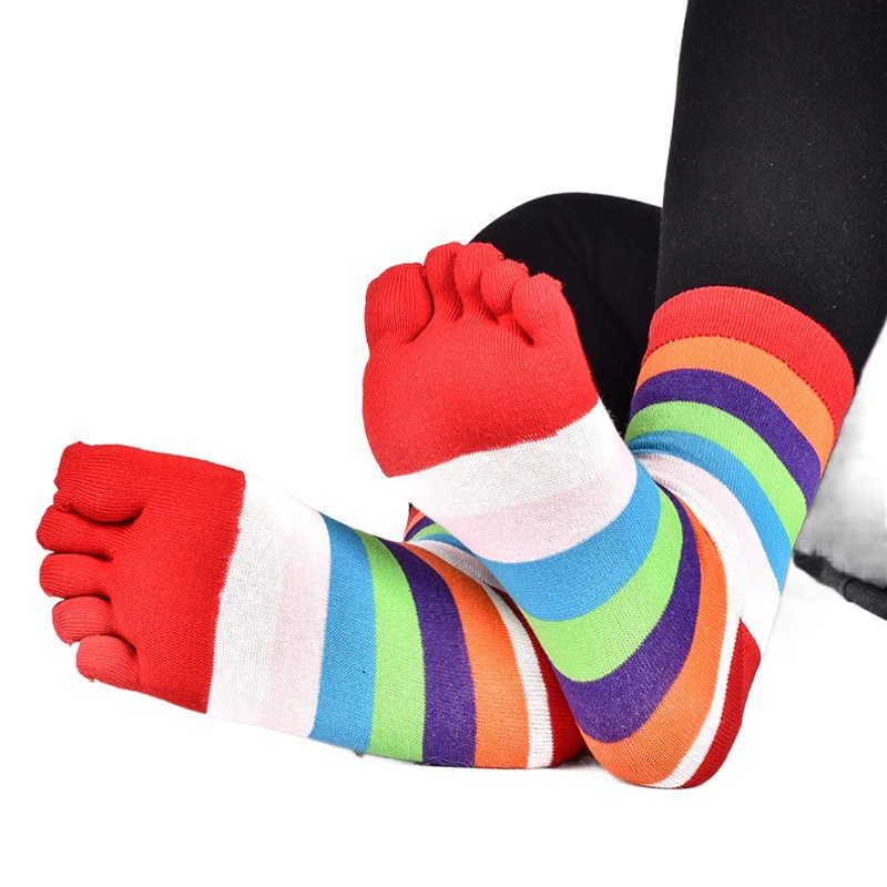 Five-finger socks women's striped combed cotton socks Four Seasons sweet medium thick tube sweat-absorbent breathable toe socks rainbow socks