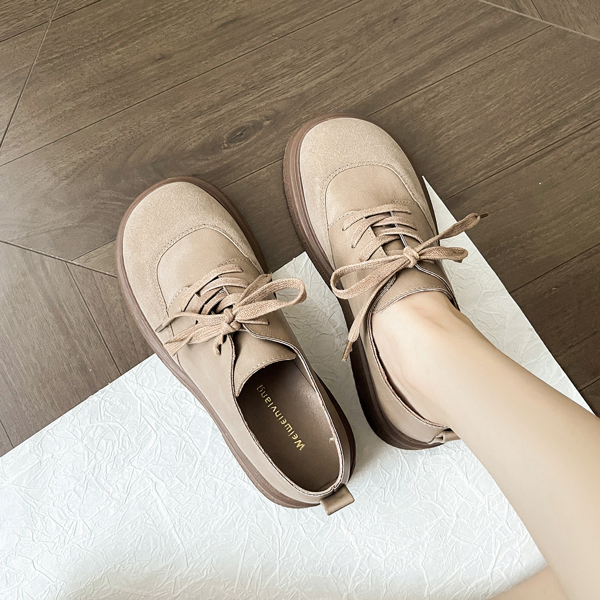 Weiwei Girl 688-3 Round Head Retro Birkenthal Shoes Thick Heel Lace-up Single Shoes Thick Bottom British Style Loafers Women's Autumn