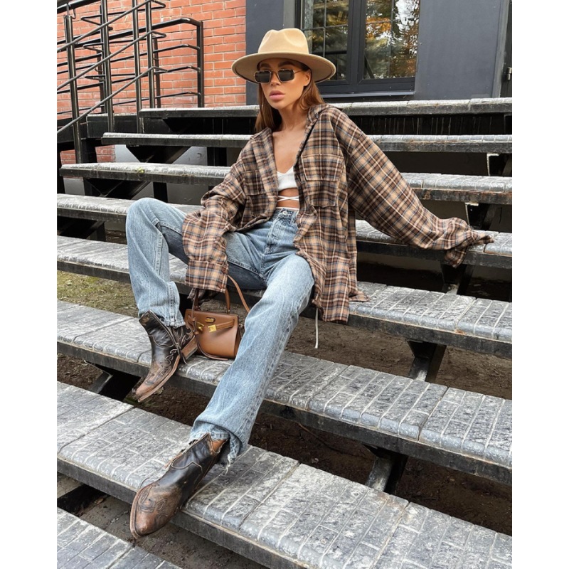 2025 Spring and Autumn American Retro Plaid Shirt Women's Long Design Bottoming Plaid Shirt Loose