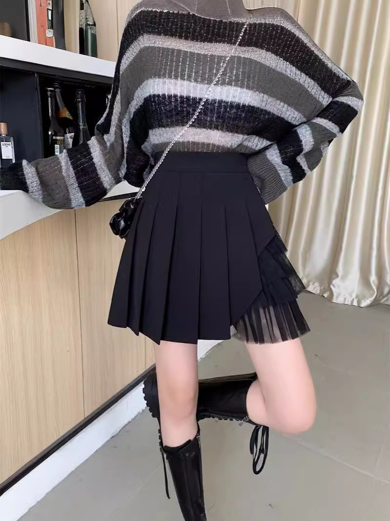 A- line skirt chubby girl pleated skirt women's spring sweet high waist A- line skirt stitching mesh skirt design sense fairy