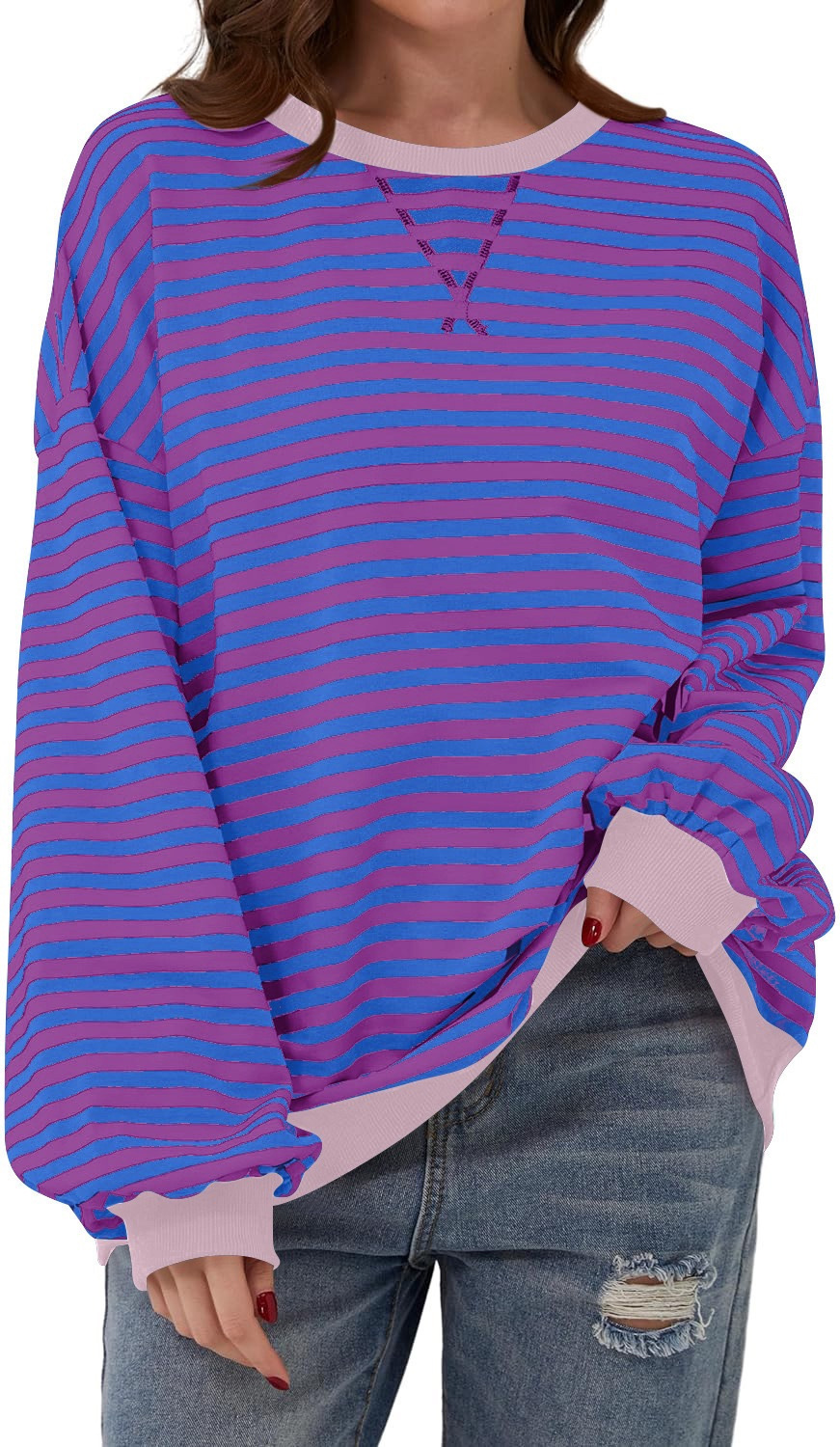Picture of Europe and the United States cross-border Amazon autumn and winter new casual striped color matching T-shirt top