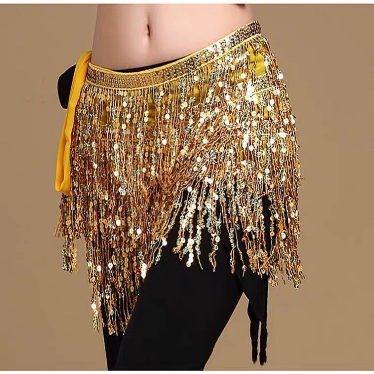 Belly Dance Waist Chain New Sequined Four-Layer Tassel Waist Seal Indian Dance Performance Practice Lace Hip Towel Skirt Waist Towel