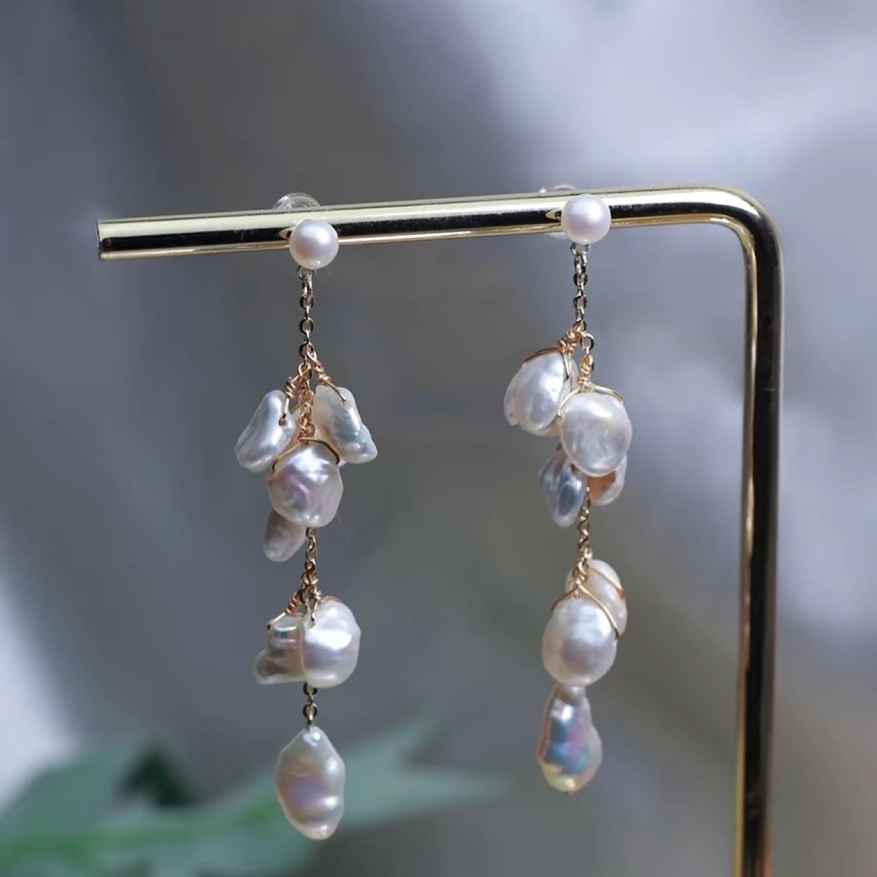 Keshi Long Design Face Shown Small Natural Freshwater Shaped Petal Pearl Broken Silver Long Tassel Earrings Earrings