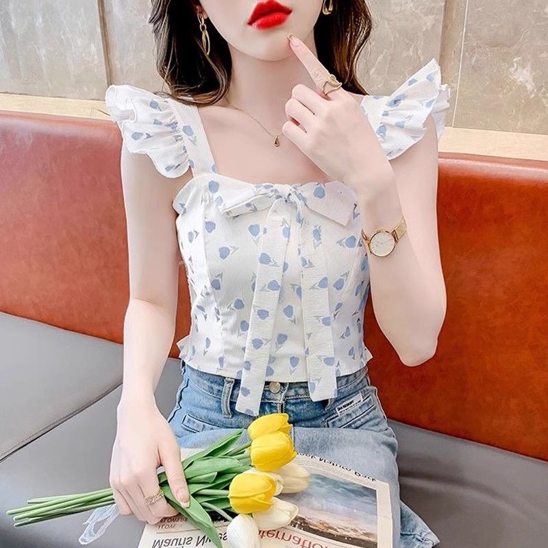 Sweet Elegant Bow Small Shirt Flying Sleeve Square Collar Floral Vest Women's Summer French Chic Short Top