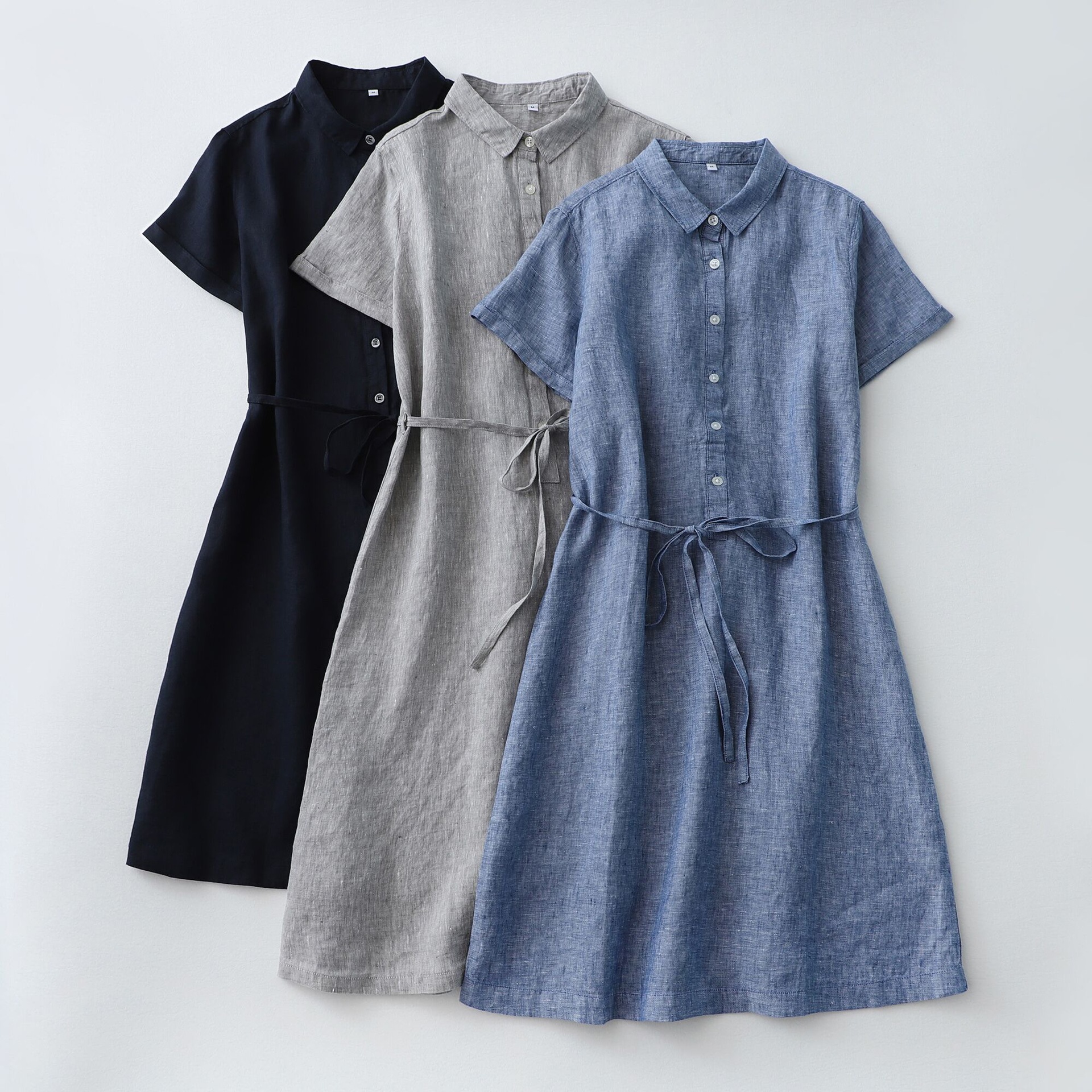 2025 summer new vintage cotton and linen front half lapel open buckle waist lace short sleeve POLO collar long dress