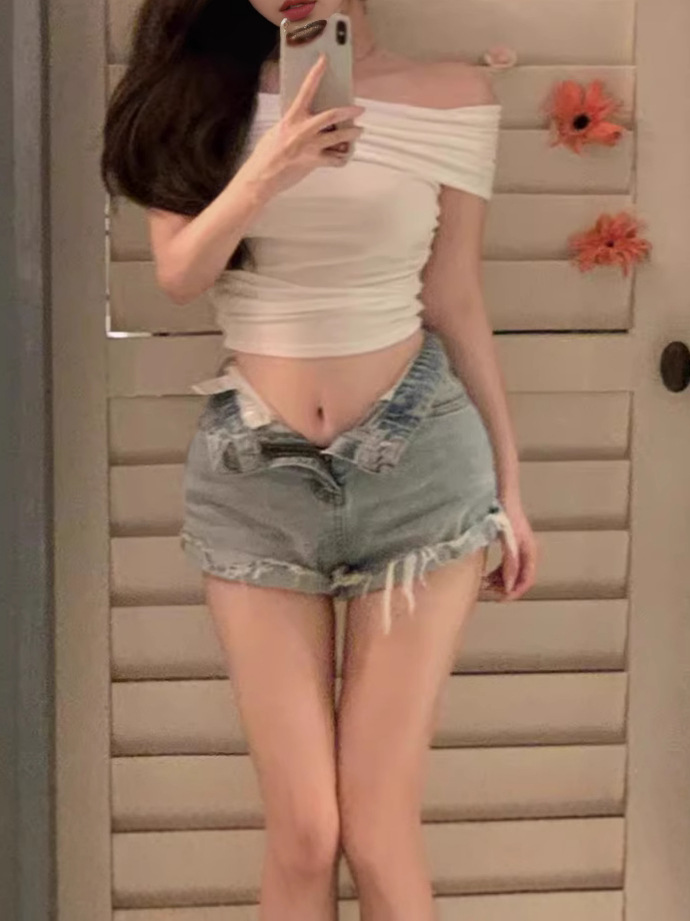 Picture of off-shoulder T-shirt slim fit tight waist short top sexy hot girl bottoming shirt top foreign trade wholesale