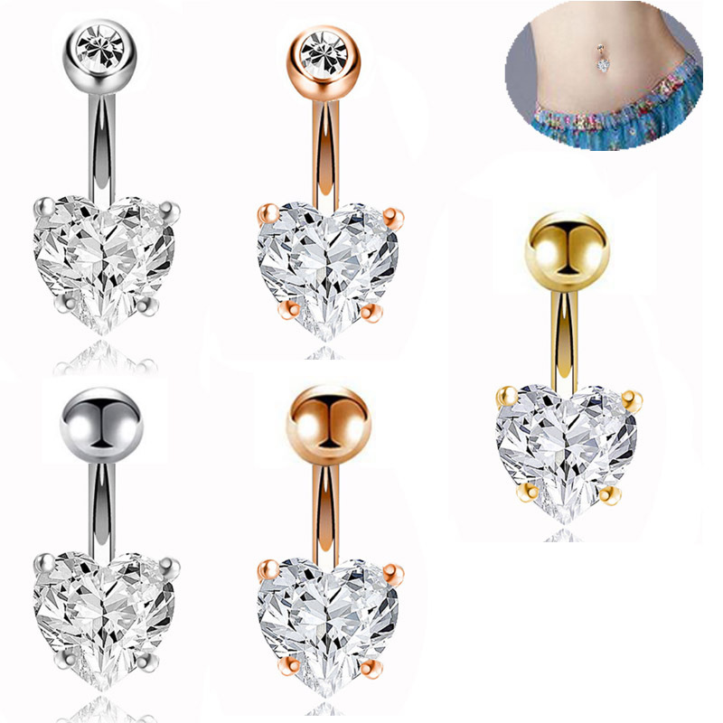 Picture of European and American Double Diamond Four-Claw Heart Zircon Fashionable Navel Ring Stainless Steel Navel Nail Trendyy Stainless Steel Navel Button