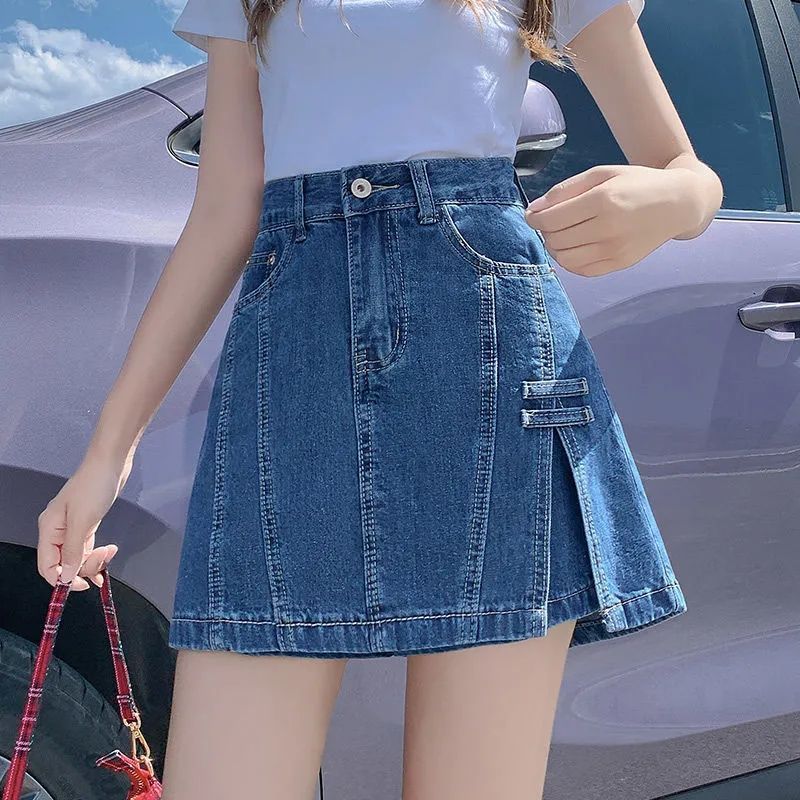High-waisted denim short skirt for women, spring/summer thin 2025 new slimming slit A-line hip-hugging midi skirt
