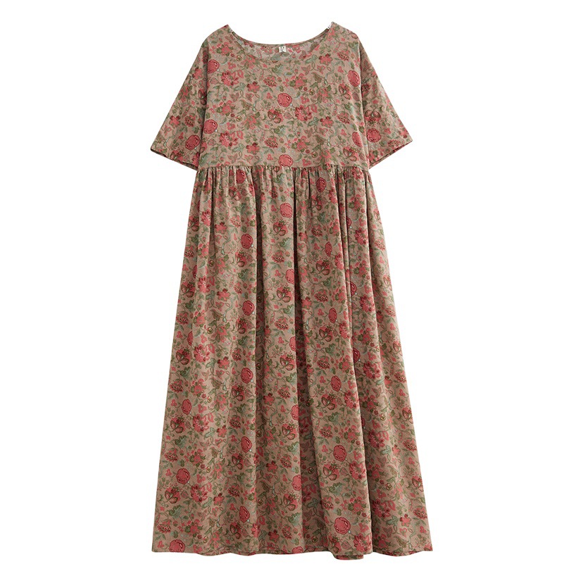 Large Size Women's 2023 New Foreign Trade Cross-border Fat Girl Summer Artistic Age-reducing Loose Printed Short-sleeved Large-sleeved Dress