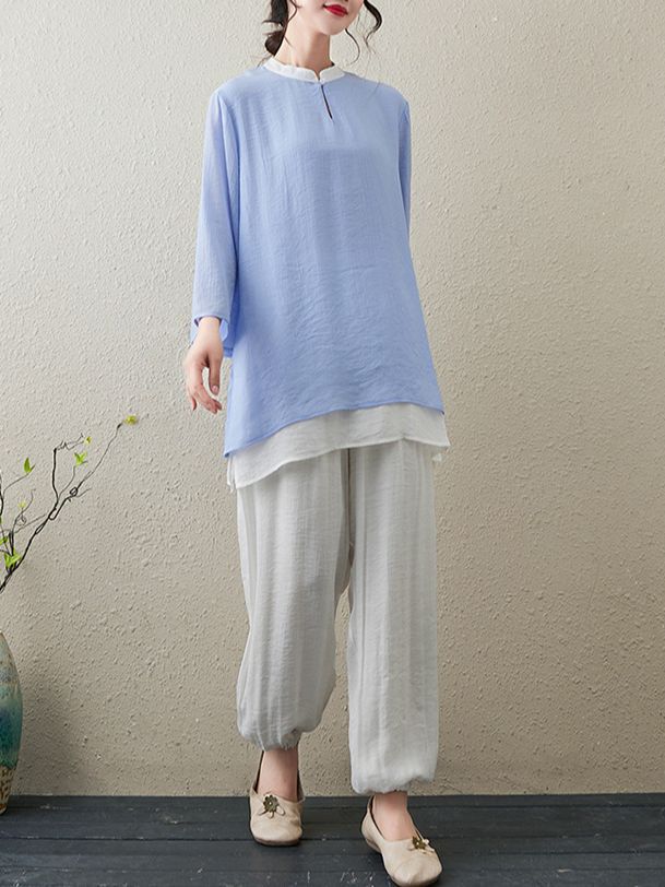 Picture of 2024 Spring and Autumn New Literary Retro Loose Cotton and Linen Zen Tea Suit National Style Tai Chi Suit Yoga Wear Two-Piece Set
