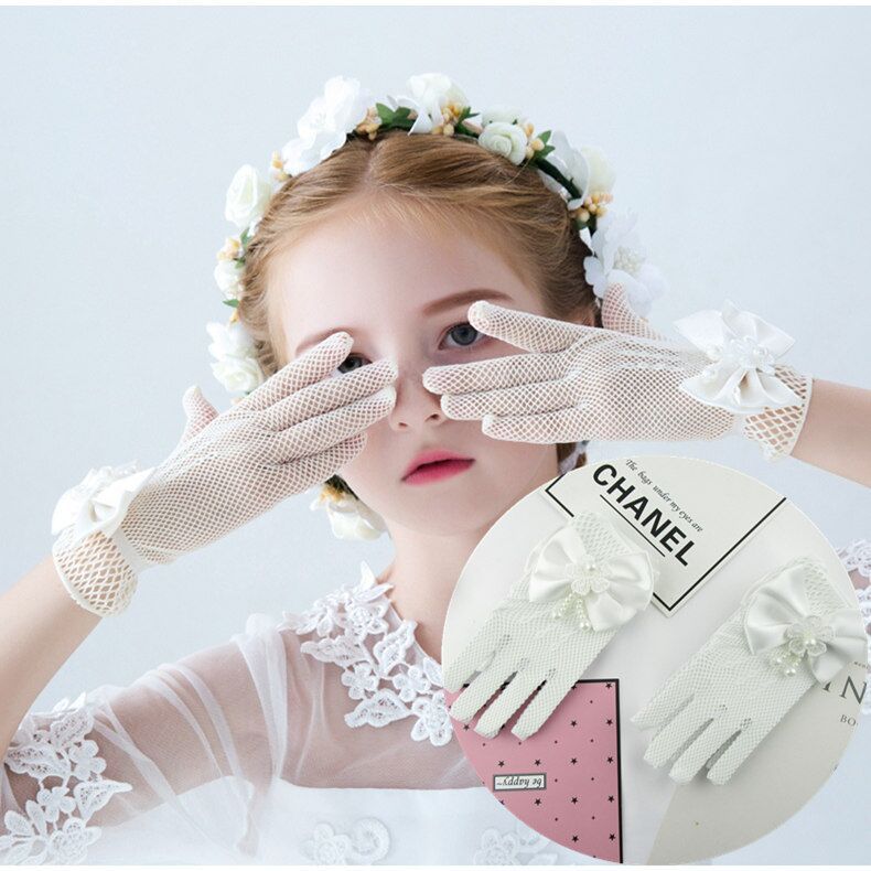 Children's Gloves Summer Thin Mesh Girls Flower Children's Kindergarten Children's Watch Performance Five-Finger Etiquette Pure White Gloves