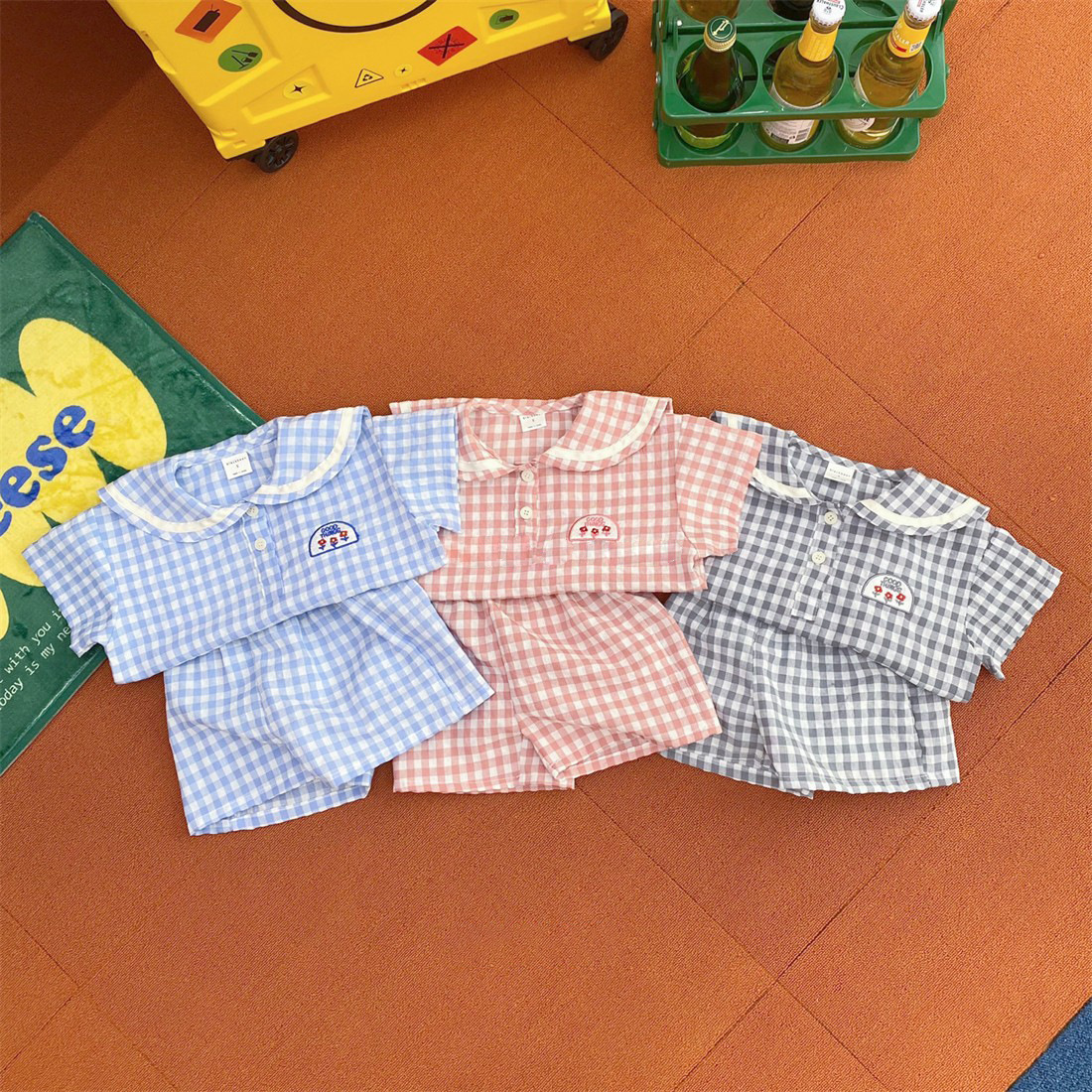 [Clearout Flash Sale] Girls Summer Suit Thin Korean Style Baby Plaid Navy Collar Suit Baby Summer Suit