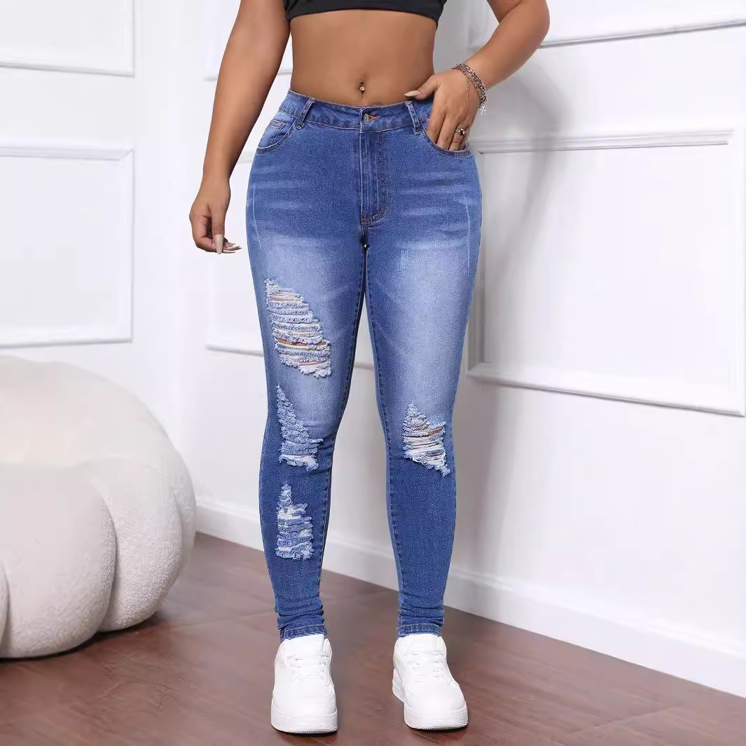 15681# Amazon Cross-border Women's Wear Europe and America INS Joker Slim Leg Hole High Elastic Jeans