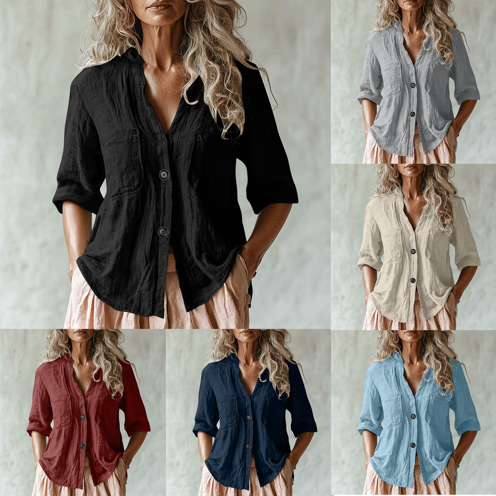 Summer New European and American Cross-Border Women's Solid Color Multi-Pocket Linen Shirt with Three-Quarter Sleeves Casual Loose Shirt
