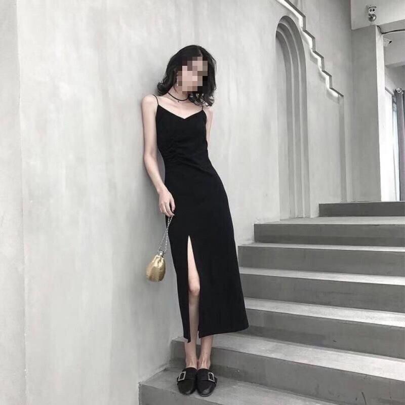 Black Sling dress Children's Summer 2023 New Women's Clothing French Hepburn Style Sexy Slimming Split Long Dress