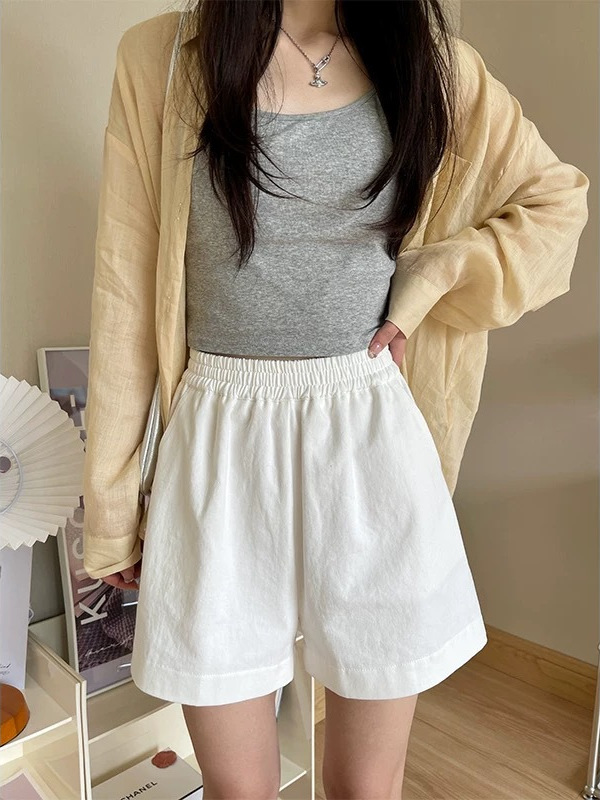 Washed cotton utility shorts for women, summer thin outerwear, simple loose slimming casual sports pants, A-line wide-leg pants
