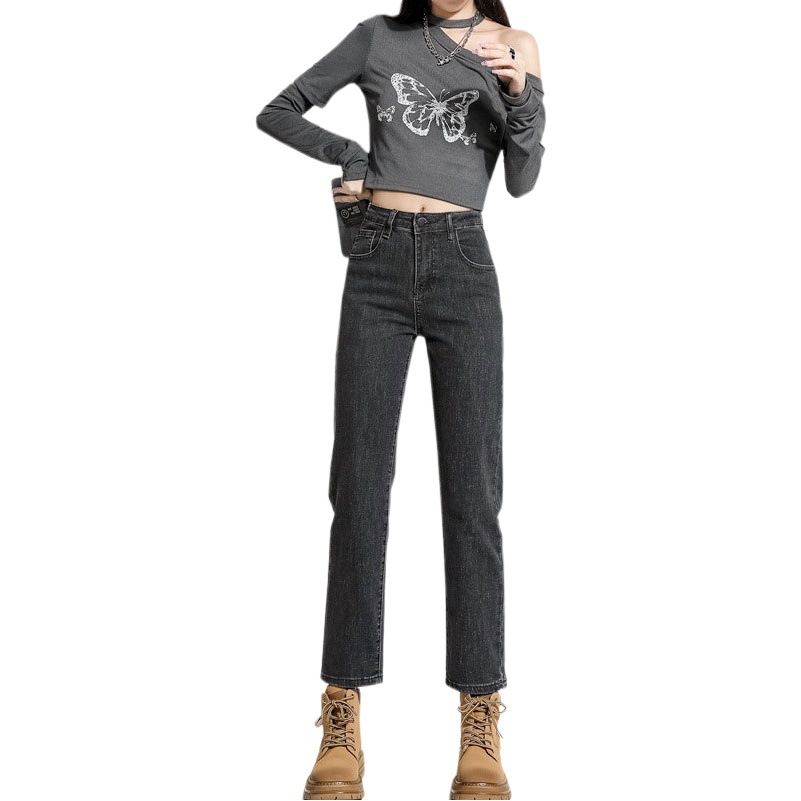 Straight jeans women's autumn and winter black and gray slim-fit French stick commuter small elastic cropped high waist loose pipe pants