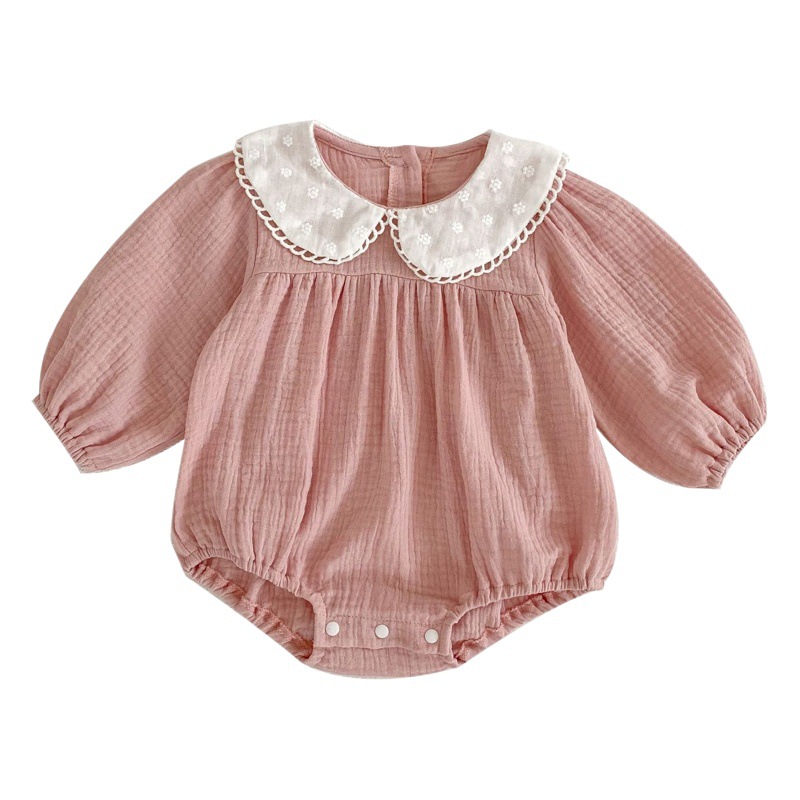 2025 Spring Baby Girl Jumpsuit Casual Solid Color Long Sleeve Coverall Easiest for Match Doll Collar Triangle Romper Suit