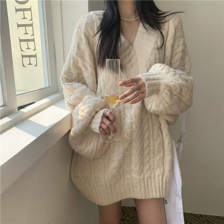 2025 Autumn and Winter Knitted Sweater Thickeneded Large Version Lazy Style V Neck Comfortable Loose Mid-Length Pullover Top