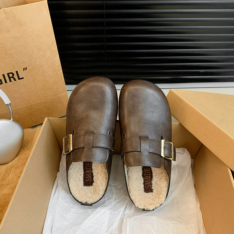 Mao Mao Slippers Women's Outwear 2024 New Autumn and Winter Flat Bottom Pregnant Women Lazy Men's Baotou Half-Slip fleece-lined Birkenneth Shoes