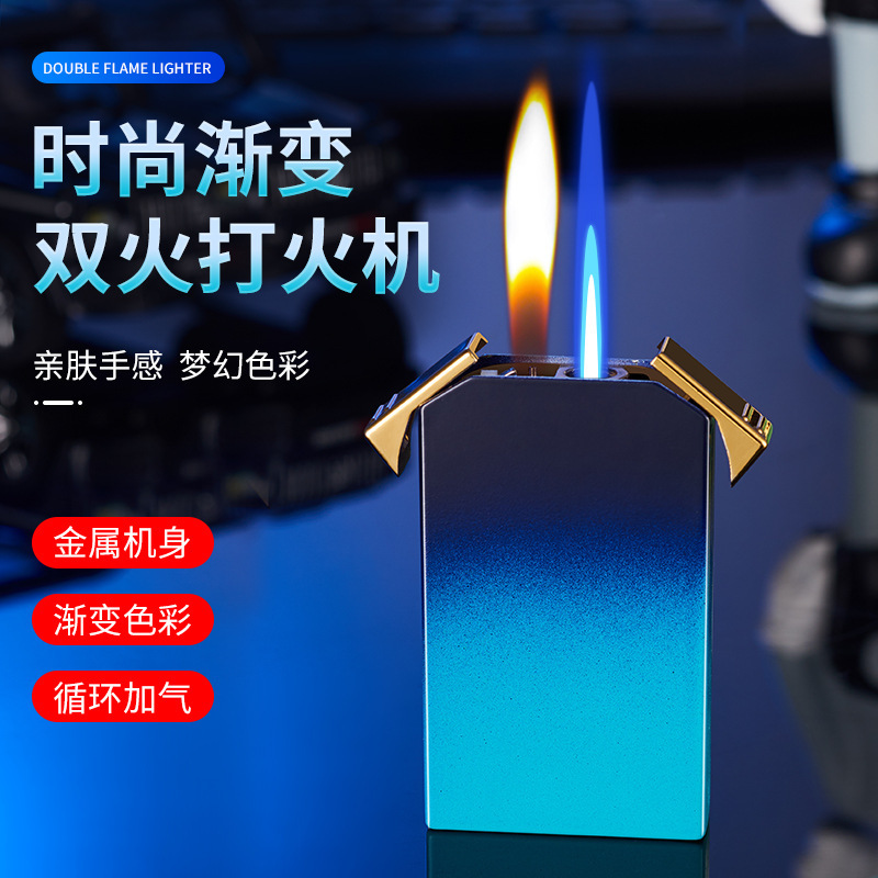 New Internet Celebrity Fashion Gradient Double Fire Lighter Metal Personalized Creative Inflatable Windproof Double Flame Gift for Boyfriend