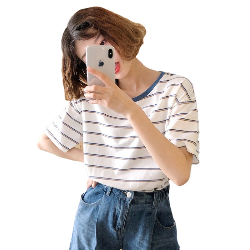 Picture of Blue Collar Color Stripesd Short-Sleeved T-Shirt for Women Summer Loose Bottoming Shirt Student Casual Top Export Women's Clothing Wholesale