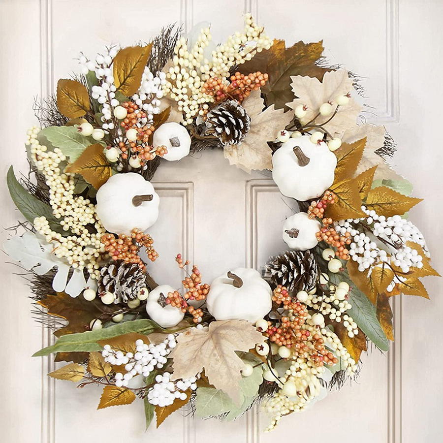 Batch Autumn Thanksgiving Cotton Maple Leaf Pine Fruit Wreath Wreath White Maple Leaf Pumpkin Decorations Wall Hanging Amazon