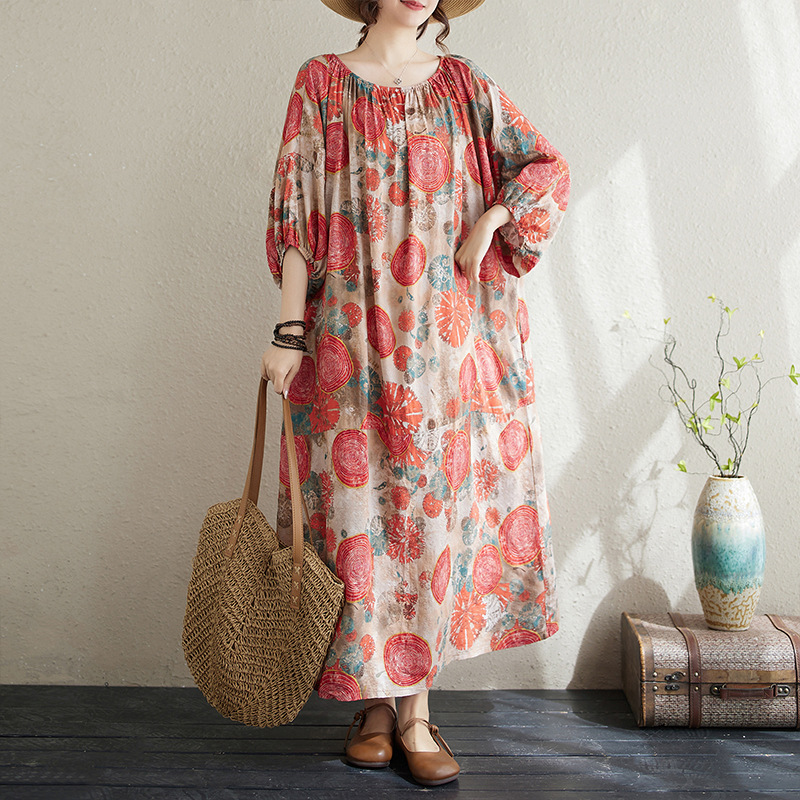 Real Shot Spot Large Size Artistic Cotton and Linen Printed Long Dress Loose Meat Covering Slimming Holiday Style Robe Large Style Long Dress