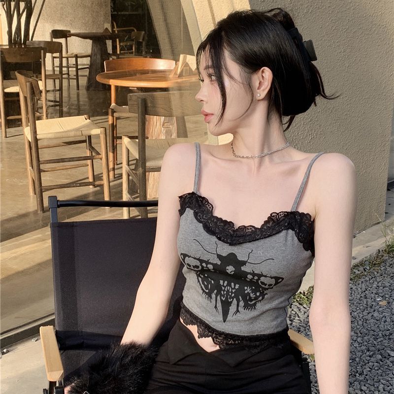 Dark Style Distinctive Moth Printed Slim Vest ins Spice Girl Lace Stitching Strap Top Women's Real Shot