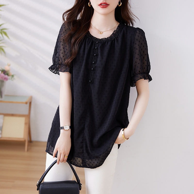 Real Shot in stock Meat Covering Slim Top Women's Black Loose Casual Mother's Western Style Short Sleeve T-Shirt Small Shirt