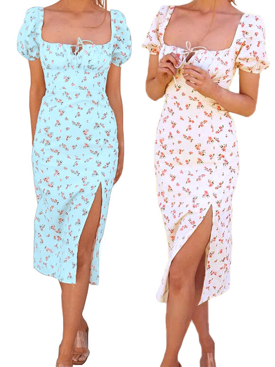 Picture of Cross-border Women's European and American Sexy Elegant Printed Chest Wrap Lace-up High Waist Backless Split Mid-length Short-sleeve dress