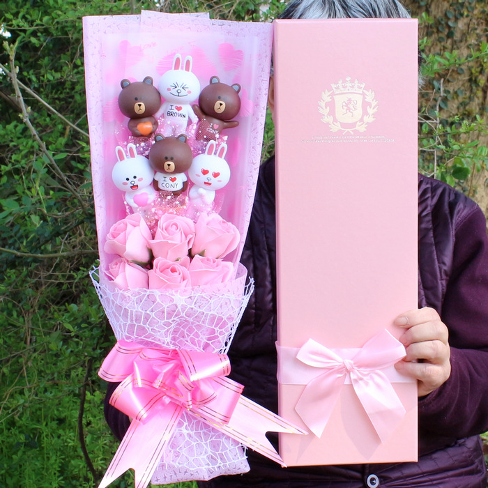 Picture of No wave bear Ding Ding cat kat cat vinyl hand Cartoon Doll Bouquet Soap flower gift box cartoon bouquet