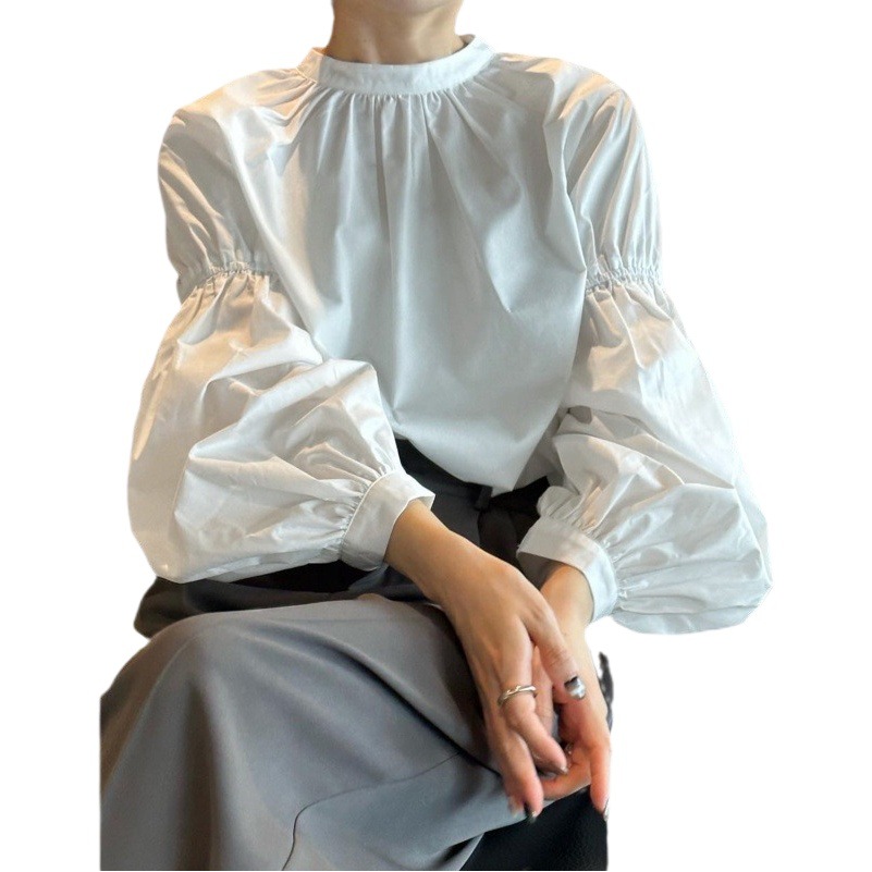 Spring 2024 New French retro lantern sleeve white shirt women's design sense niche loose commuter shirt