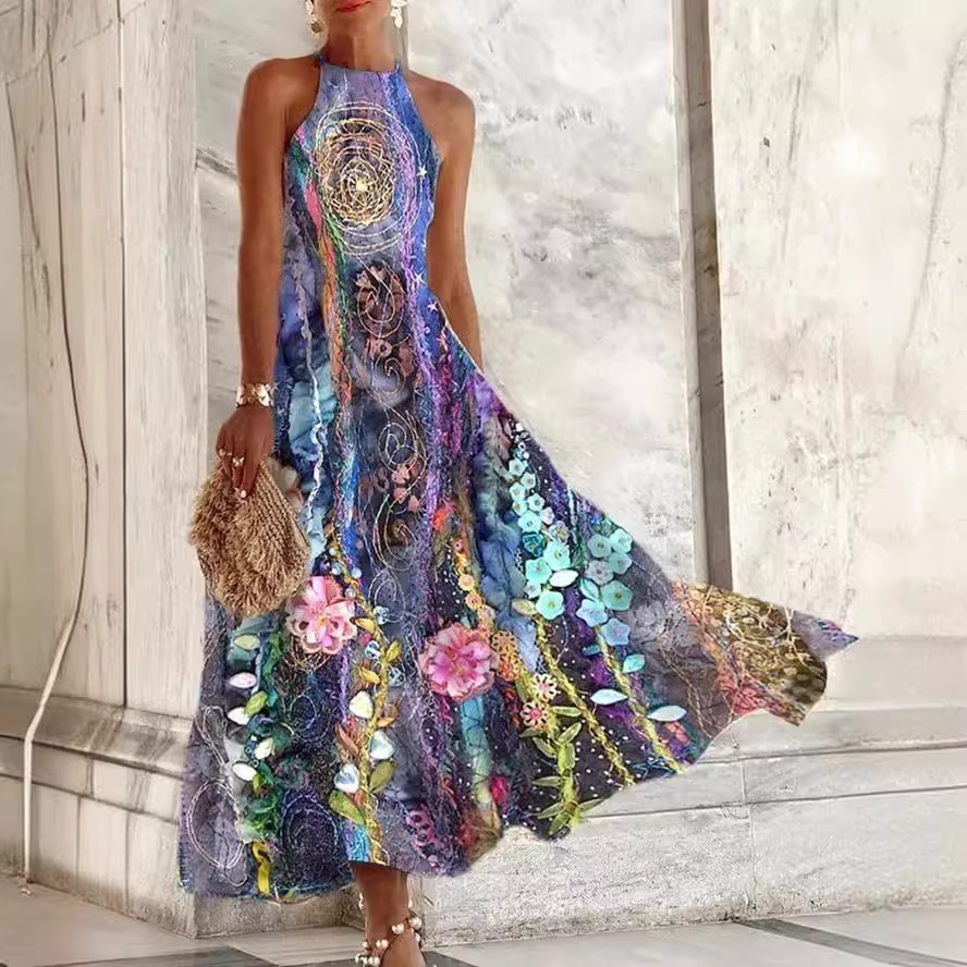 Independent station Amazon European and American women's clothing summer fashion personality sleeveless mid-length printed slim strap dress